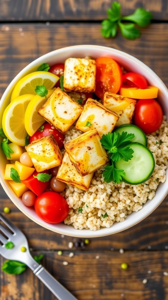 A colorful quinoa halloumi bowl with quinoa, halloumi cheese, cherry tomatoes, cucumber, and bell pepper, garnished with parsley.